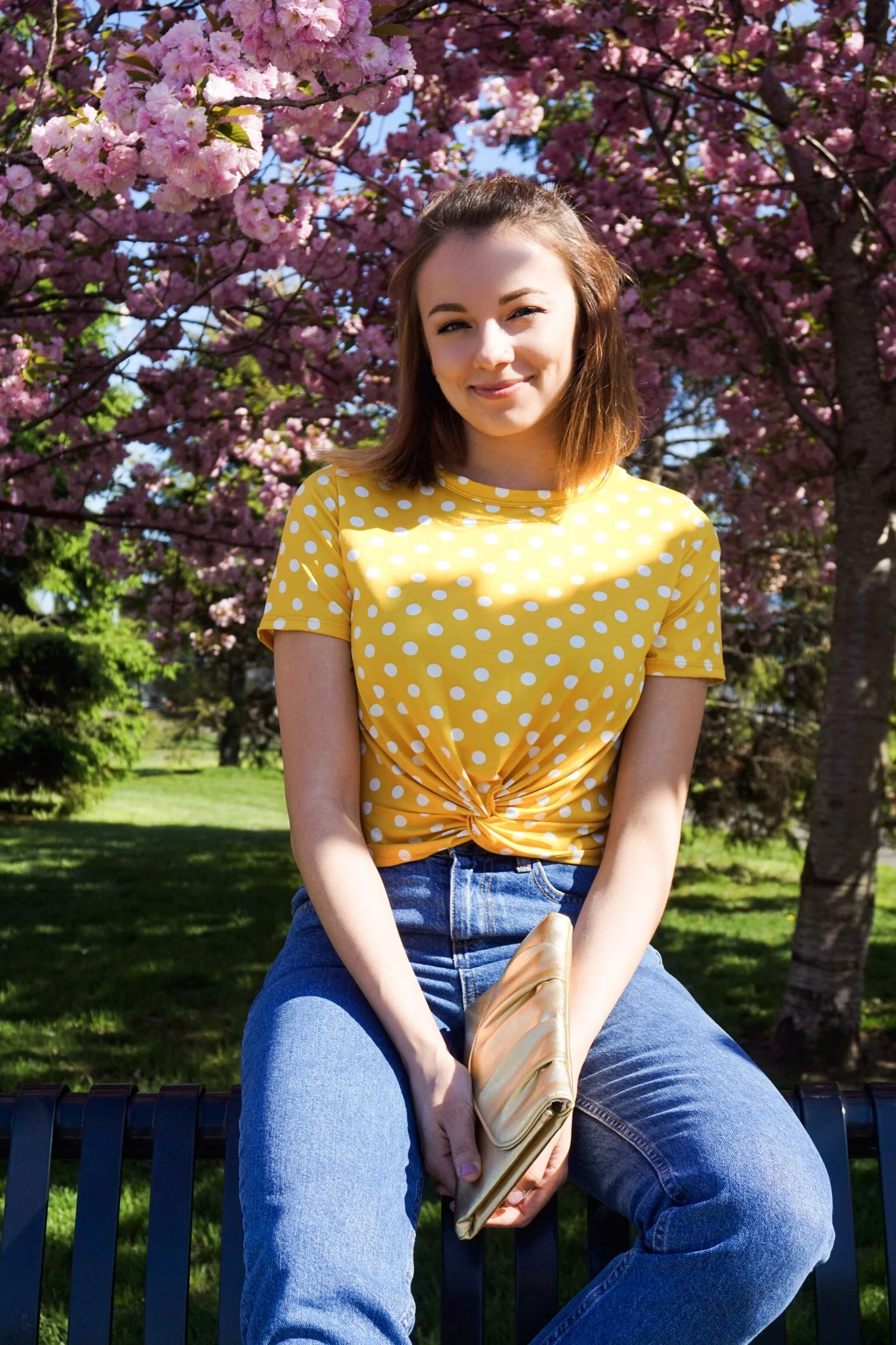 Yellow top shop blue jeans outfit